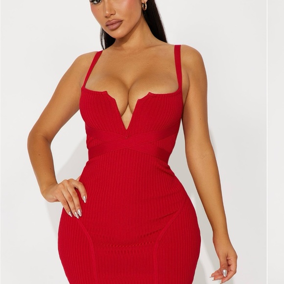 Fashion Nova Red Ribbed Bodycon Midi Dress - Picture 2 of 16